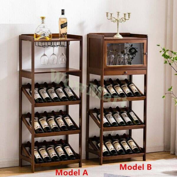 Wowmart Bamboo 5 Tiers Wine Rack with Glass Holder Drawer Stand Shelf