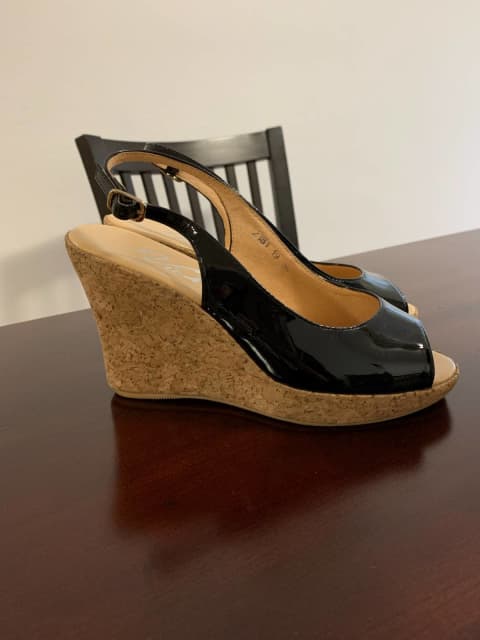 Wedges Size 5 - Cork Sole and Black Patent Leather Upper | Women's ...