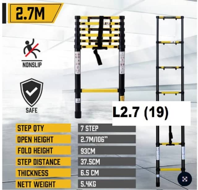 LADDER 2.7m H/Duty Telescopic Fold w Locks Non slip end Part L2.7 C19