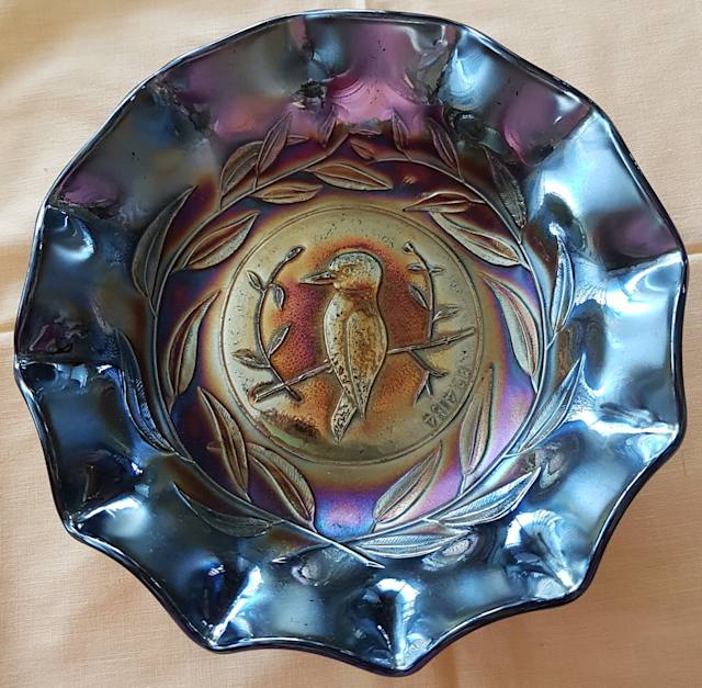 Carnival glass. Large black / amethyst 4184 kookaburra / kingfisher