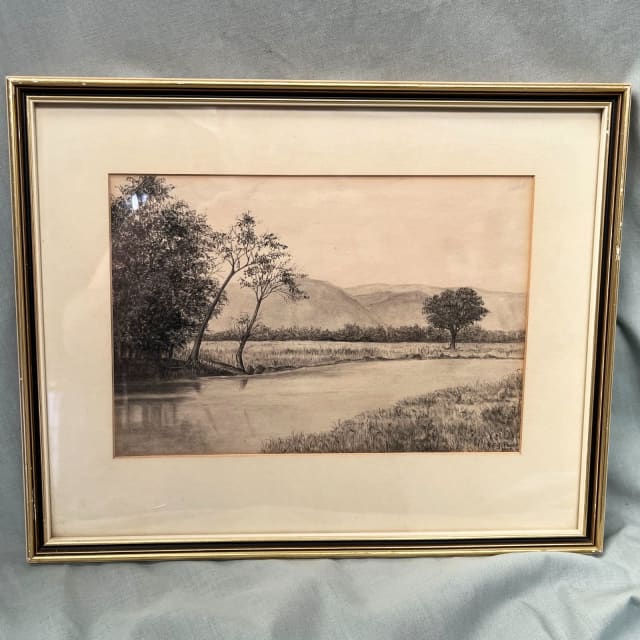 Vintage Framed Charcoal Drawing Art, Outback River Landscape, R.E.J ...