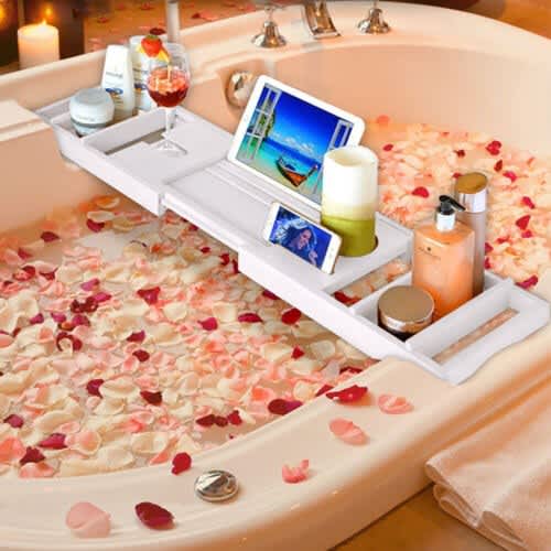 Bathroom Bamboo Expandable Bath Support Spa Caddy Holder Tray Over