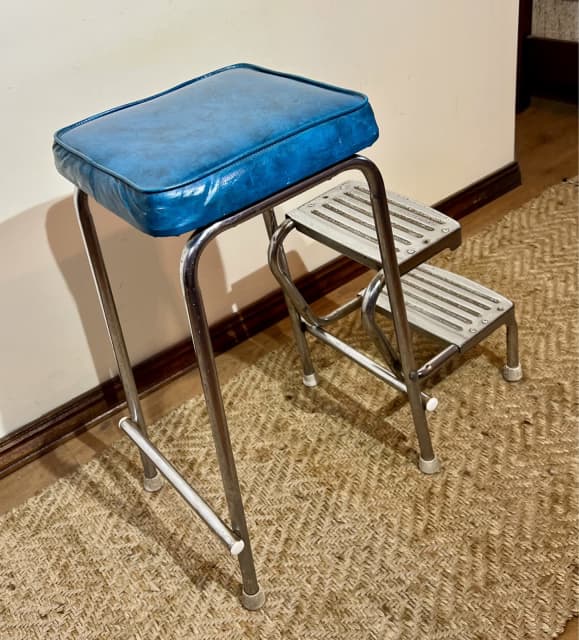 Retro 60s Teal Blue Vinyl folding step stool chrome frame. Stools