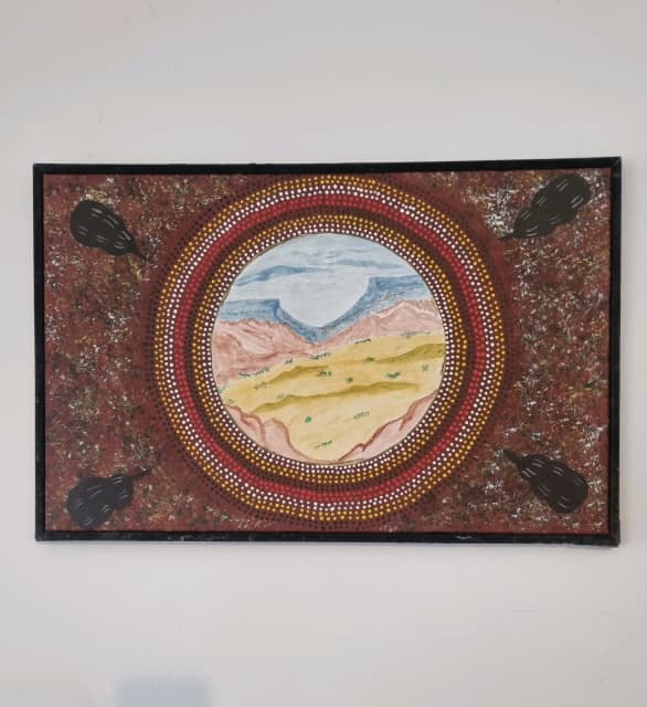 Aboriginal art on canvas, stretched and framed ready to hang 66cm x 43