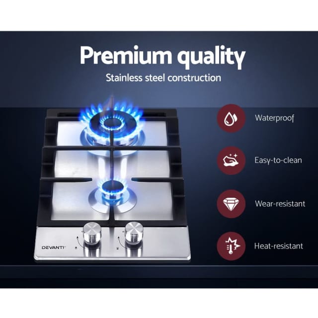 Devanti Gas Cooktop 30cm Gas Stove Cooker 2 Burner Cook Top Konbs NG L