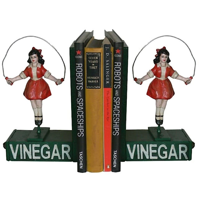 Vintage Styled Cast Iron Vinegar Skipping Girl Bookends Wooden draws