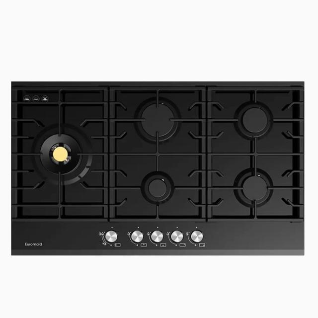 Euromaid Eclipse 900mm 5 Burner Black Glass Gas Cooktop Model EC95GLB