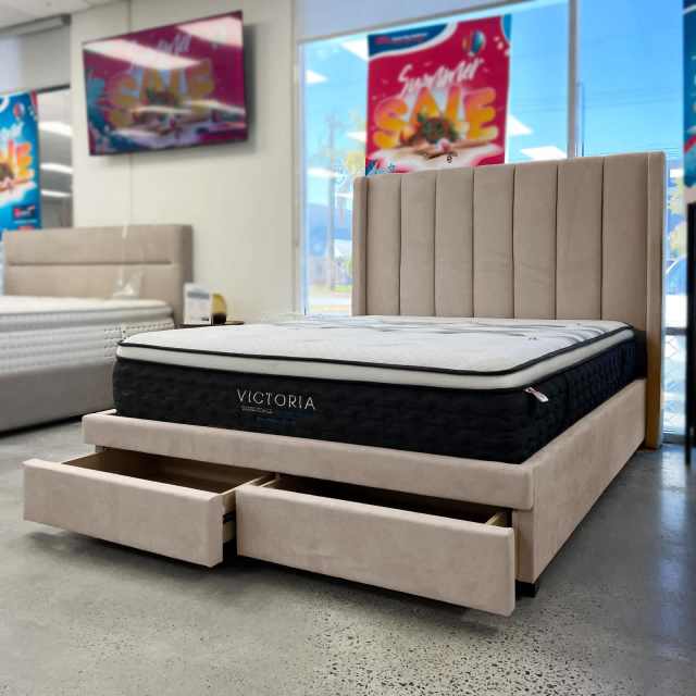 FLOOR STOCK LEFT! Chic Moana Latte Fabric Queen Bed Frame with Drawers