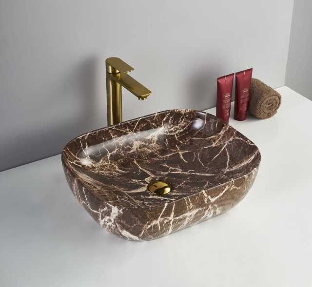 BATHROOM CERAMIC WASH BASIN GOLD/BROWN MARBLE EFFECT Building