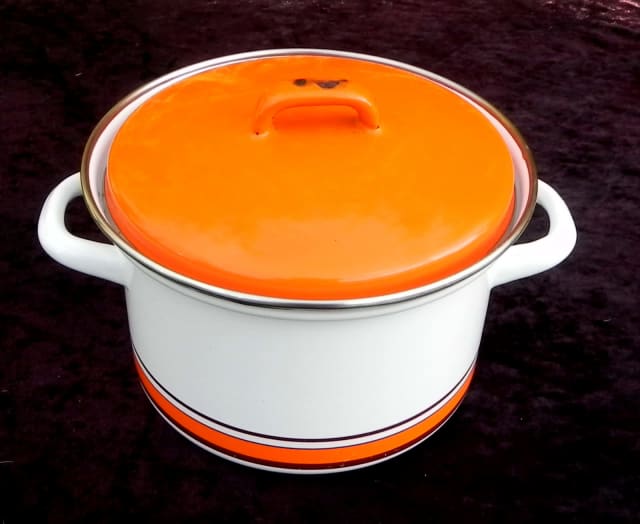 Vintage Retro Orange Lid Heavy Enamelware Cooking Pot Cooktops
