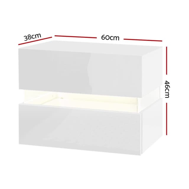 Bedside Table 2 Drawers RGB LED Side Nightstand High Gloss Whi