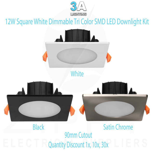12W Square Dimmable Tri Color SMD LED Downlight Kit 90mm Cutout