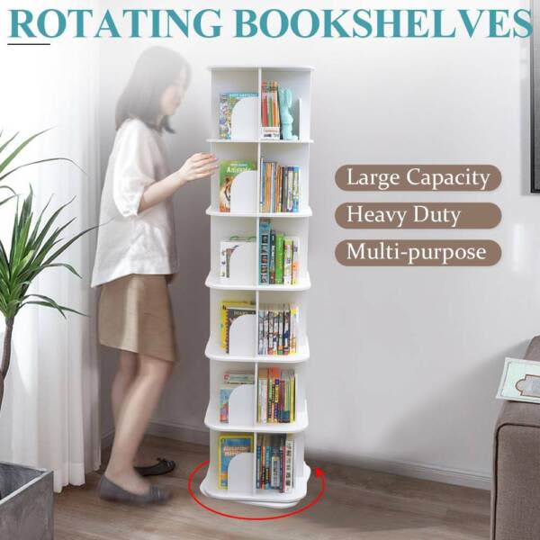 Square Versatil Swivel Rotating Display Bookshelf Bookcase White