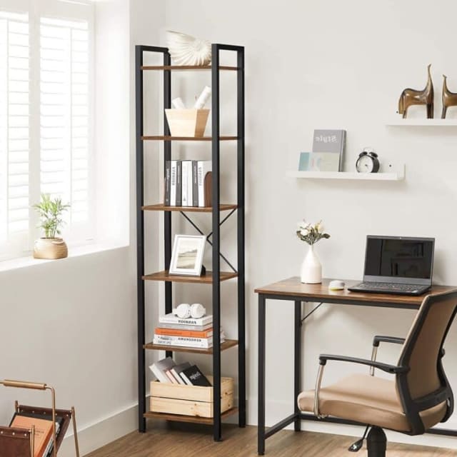 VASAGLE Narrow Bookcase Small 6Tiers Bookshelf Industrial RusticBrown Bookcases & Shelves in