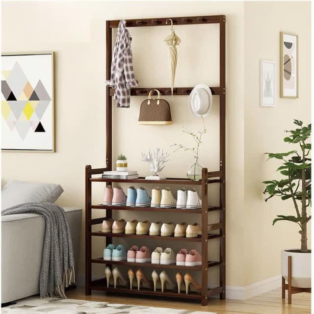 Wooden 5 Tiers Hat Coat Stand Clothes Shoe Rack Hanger Hooks Shelf