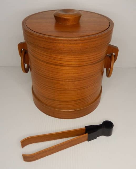 Vintage 20th Cent bentwood Teak ice bucket and tongs hipster boho chic