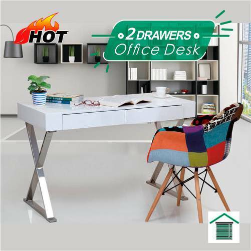 New White Hi High Gloss Study & Office Desk w/2 Drawers Desks