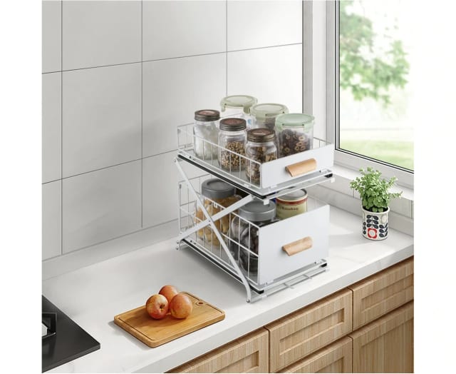 2-Tier White Kitchen Bathroom Storage Rack Adjustable Height Organiser ...