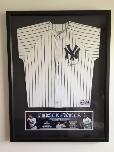 Derek Jeter Signed Yankees Home Jersey Framed w/ Career Moments