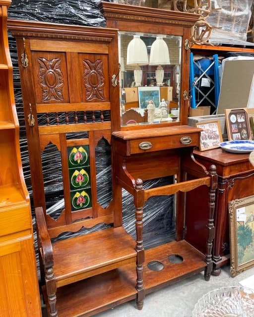 Antique Victorian Hall Stand with Bevelled Mirror & Tiled Back Seat