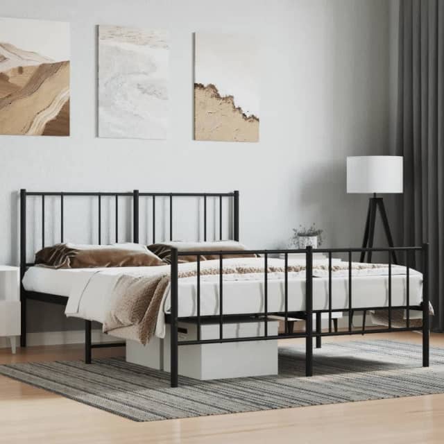Metal Bed Frame with Headboard and Footboard Black 153x203 cm Que