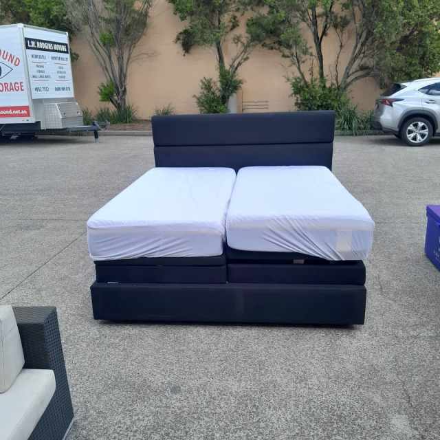 King dual split tempura adjustable bed with headboard and storage ...