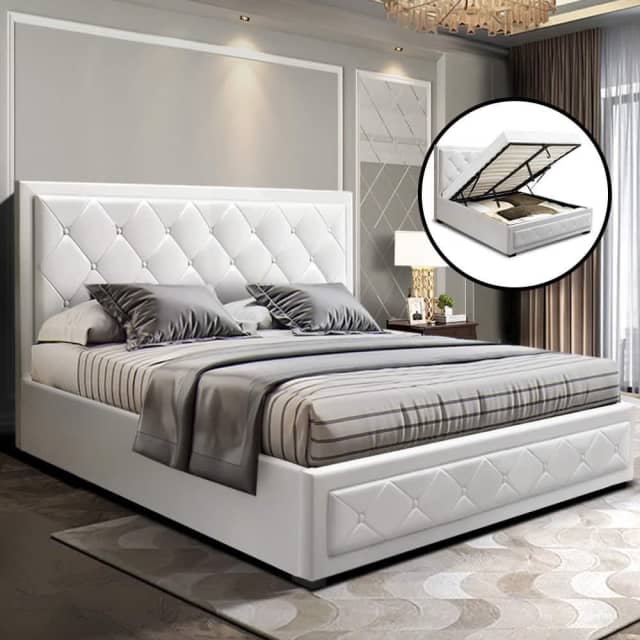 Artiss Tiyo Bed Frame PU Leather Gas Lift Storage White Queen Beds in