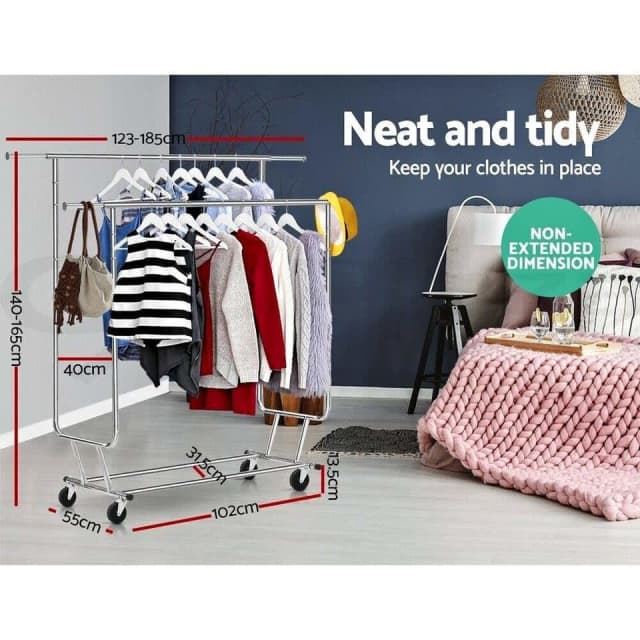 6FT Double Rail Clothes Rack Coat Stand Adjustable Garment Rolling