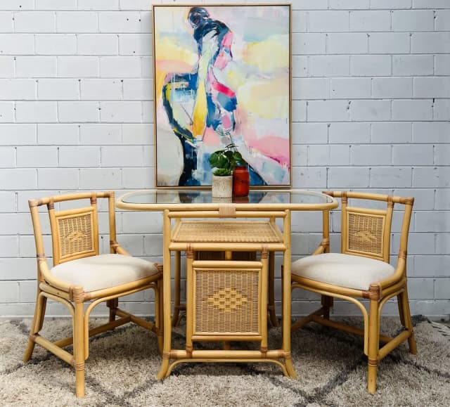 🍷🍾Mid century retro large cane bamboo patio breakfast setting🍾🍷