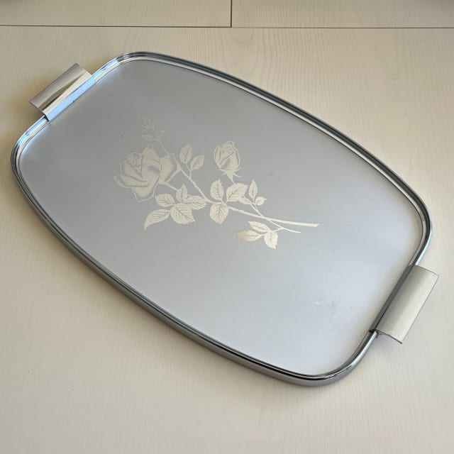 Vintage Ranleigh Silver Serving Food Drinks Tray, Floral Rose
