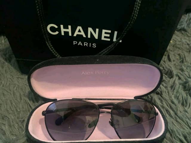 Authentic Chanel Violet Calfskin/Metal Aviator Pilot Sunglasses