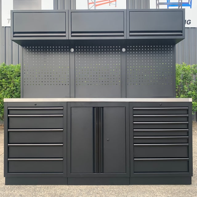 Modular Tool Chest with Overhead and Workbench 2m Long Tool