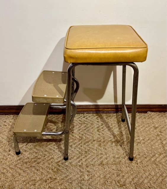 Retro 60s yellow gold vinyl topped chrome step stool. By Supafurn WA