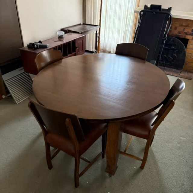 1940s Oval Wooden Extendable Dining Room Table, 4 Wooden Dining Chairs