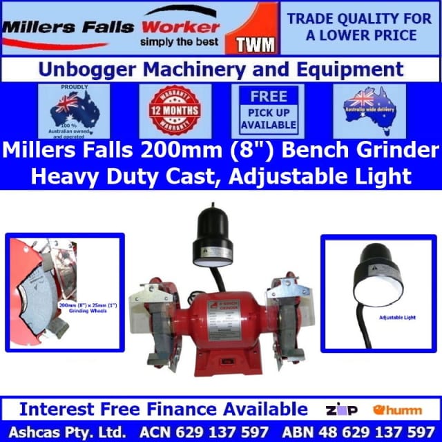 Millers Falls 750w (1hp) 200mm (8) Bench Grinder Adjustable Light