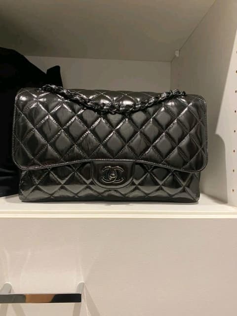 Buy Exclusive CHANEL So Black Shiny Crumpled Calfskin Quilted Jumbo Double  Flap