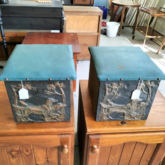 Pair of vintage copper plated " dogs" fireplace kindling/ coal boxes