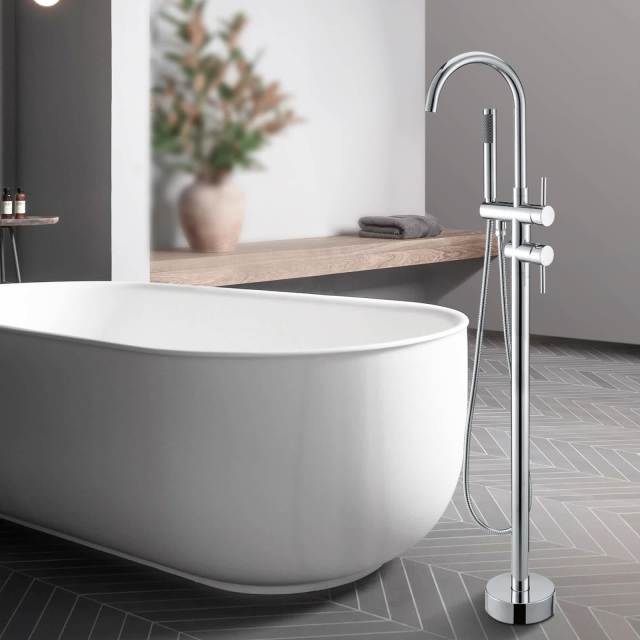 Chrome Round Freestanding Bath Mixer Tap with Handheld Shower head ...