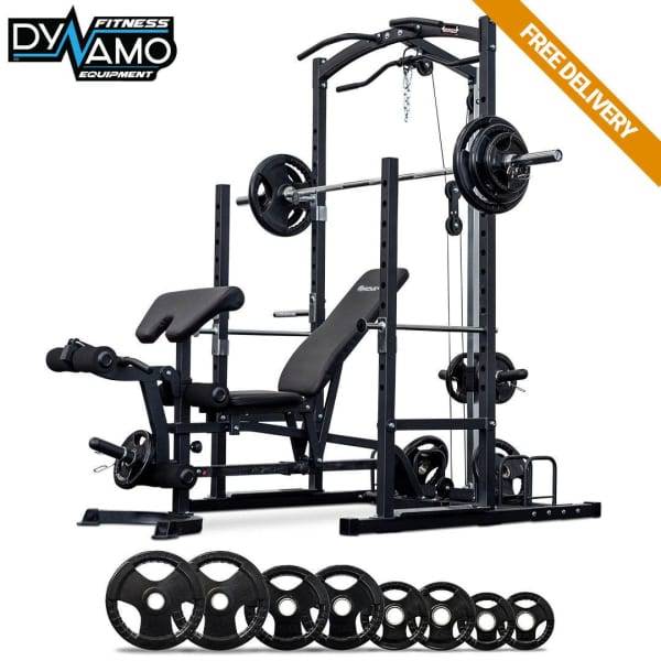 POWER RACK WITH LAT PULLDOWN, ADJUSTABLE BENCH 120KG OLYMPIC BARBELL