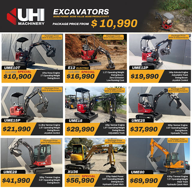 UHI Excavators Package Price From 10990 includes multiple practical