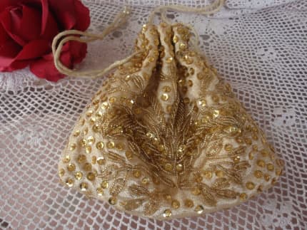 Gold Lame Hand Beaded Purse Formal Evening Bag Vintage Beaded
