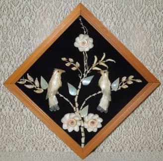 Framed Seashell Art Picture, Handmade, 1960's, Floral Arrangement