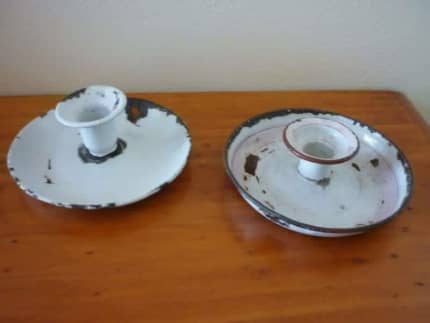 Vintage Enamel Candle Holders, Wee Willy Winkie Enamel Candle