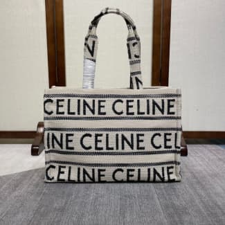 Celine Cabas Thais Small Striped Canvas Tote Brown