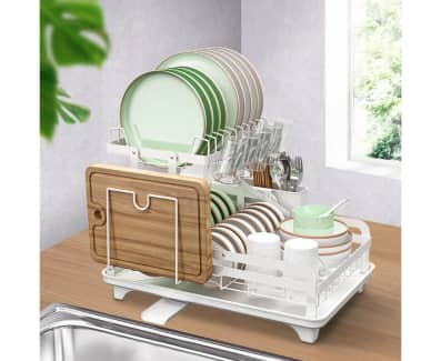 DENEST 2-Layer Dish Drying Rack with Lid Dish Drain Dust-proof Storage Box  Counter Organizer 