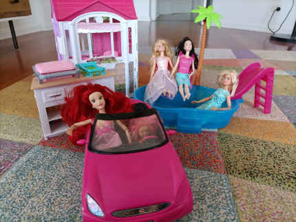 Barbie car kitchen pool and house with Barbies and clothes Toys Indoor in West Ryde NSW Gumtree Australia