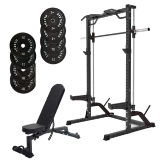 Half Rack Smith Machine Bundle 100kg Black Bumper Plates Bench