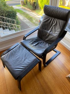 Ikea Poang Chair Armchair and Footstool Set with Black Leather
