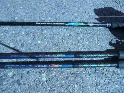 Lot of three 7-8 feet used fishing rods with fishing spools reels