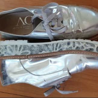 Italian Designer AGL Shiny Silver Leather Platform Sneakers 39 or